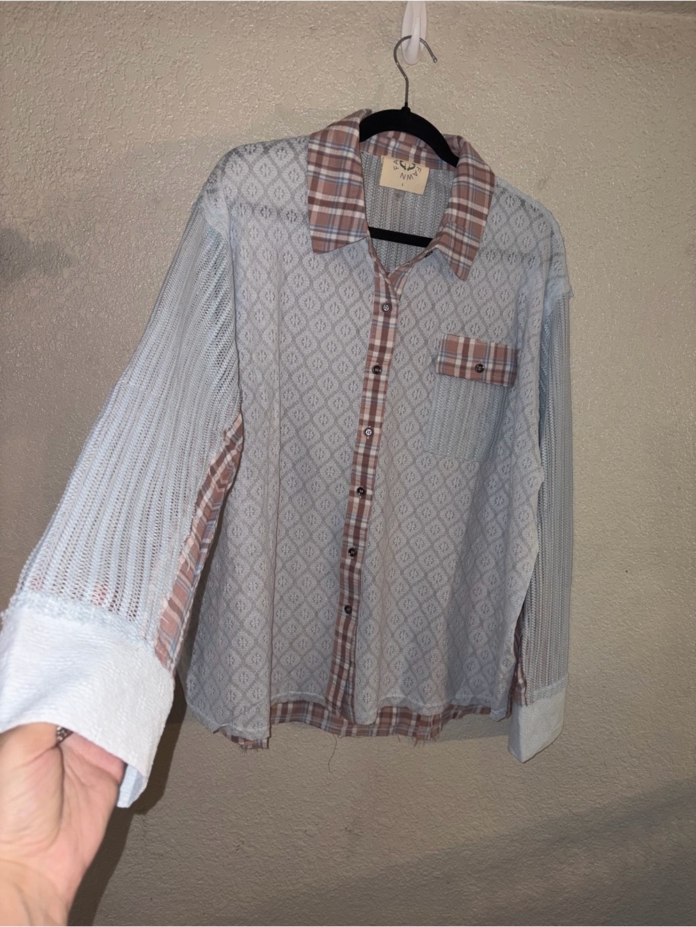 NIP Fantastic Fawn “Sky Blue🩵Blush💗Mixed Media Lace/Plaid Button-Up Shirt” LRG - Picture 11 of 16